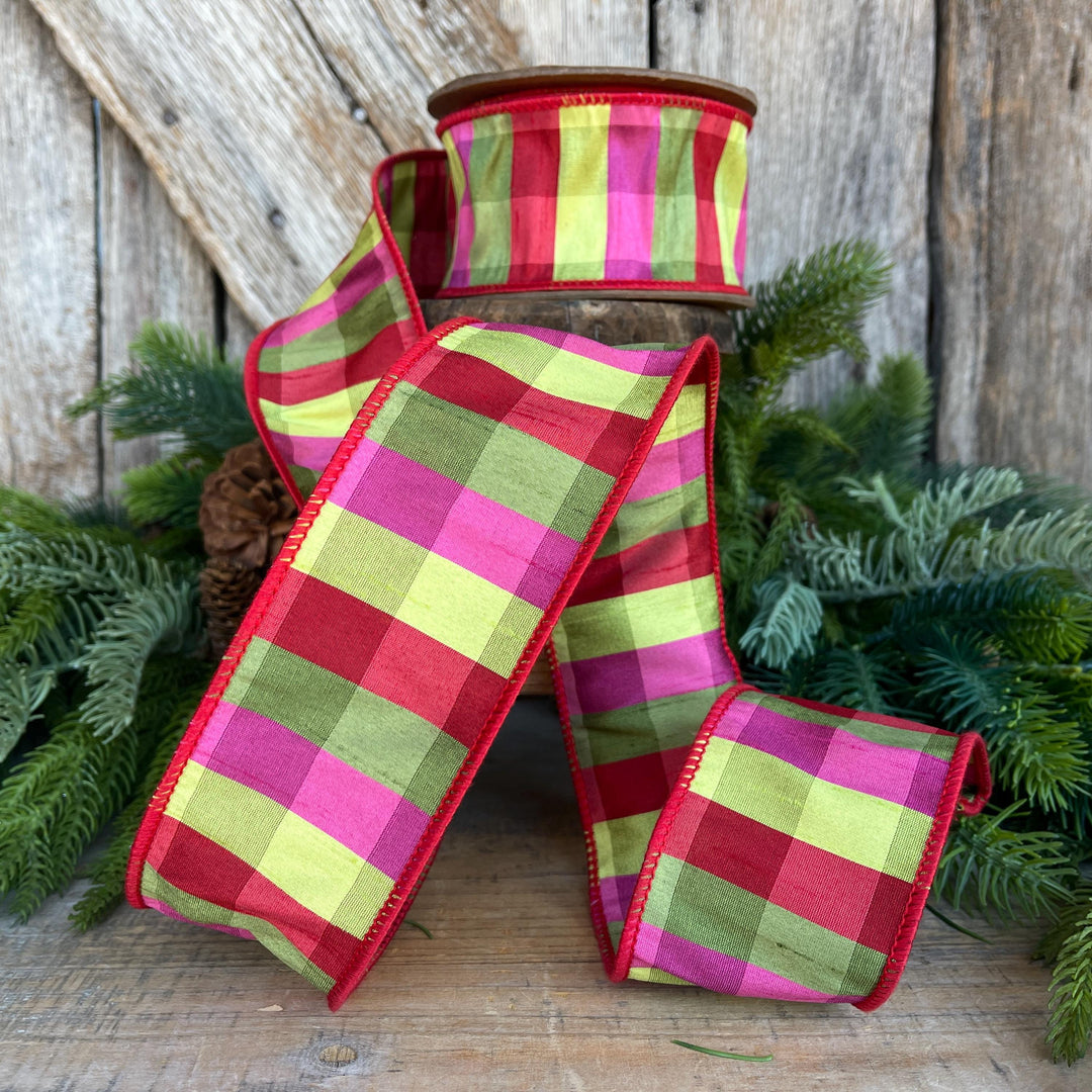 2.5" Fuchsia, Lime Red Plaid Wired Ribbon, Designer Christmas Ribbon for Wreaths, Trees &amp; Bows