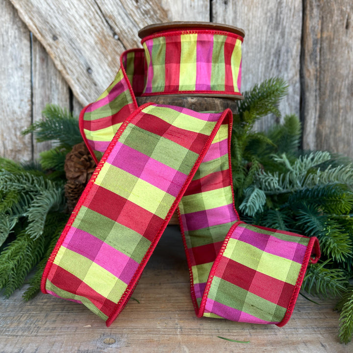 2.5" Fuchsia, Lime Red Plaid Wired Ribbon, Designer Christmas Ribbon for Wreaths, Trees &amp; Bows