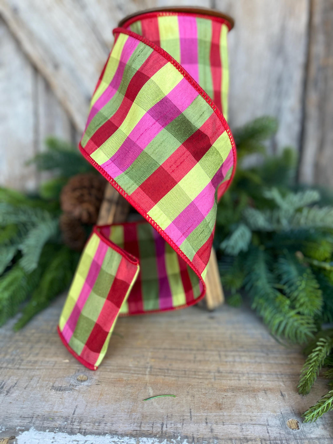 4" Fuchsia, Lime Red Plaid Wired Ribbon, Designer Christmas Ribbon for Wreaths, Trees &amp; Bows