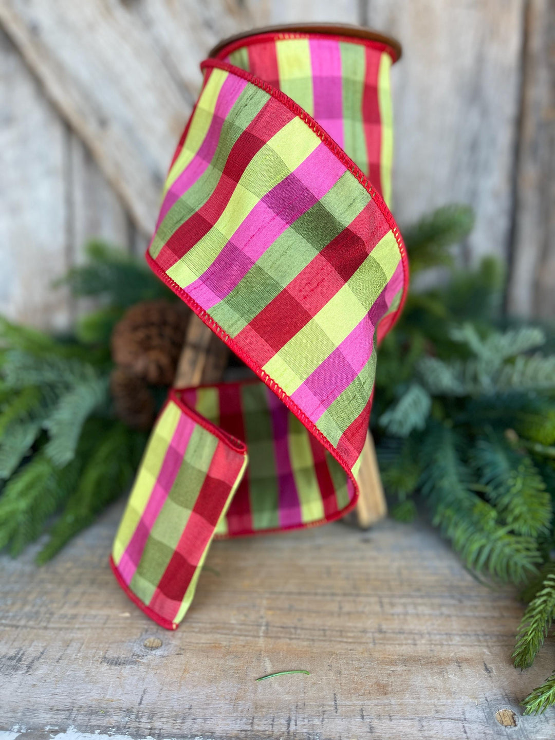 4" Fuchsia, Lime Red Plaid Wired Ribbon, Designer Christmas Ribbon for Wreaths, Trees &amp; Bows