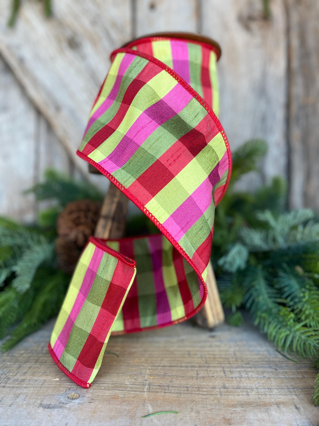 4" Fuchsia, Lime Red Plaid Wired Ribbon, Designer Christmas Ribbon for Wreaths, Trees &amp; Bows