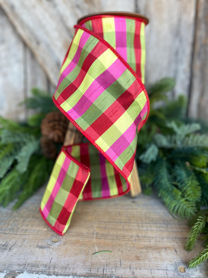 4" Fuchsia, Lime Red Plaid Wired Ribbon, Designer Christmas Ribbon for Wreaths, Trees &amp; Bows