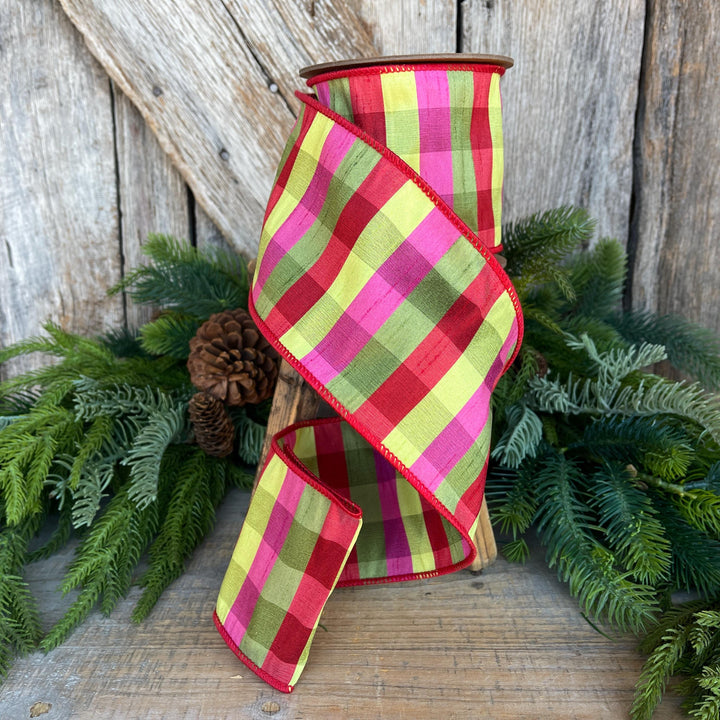 4" Fuchsia, Lime Red Plaid Wired Ribbon, Designer Christmas Ribbon for Wreaths, Trees &amp; Bows