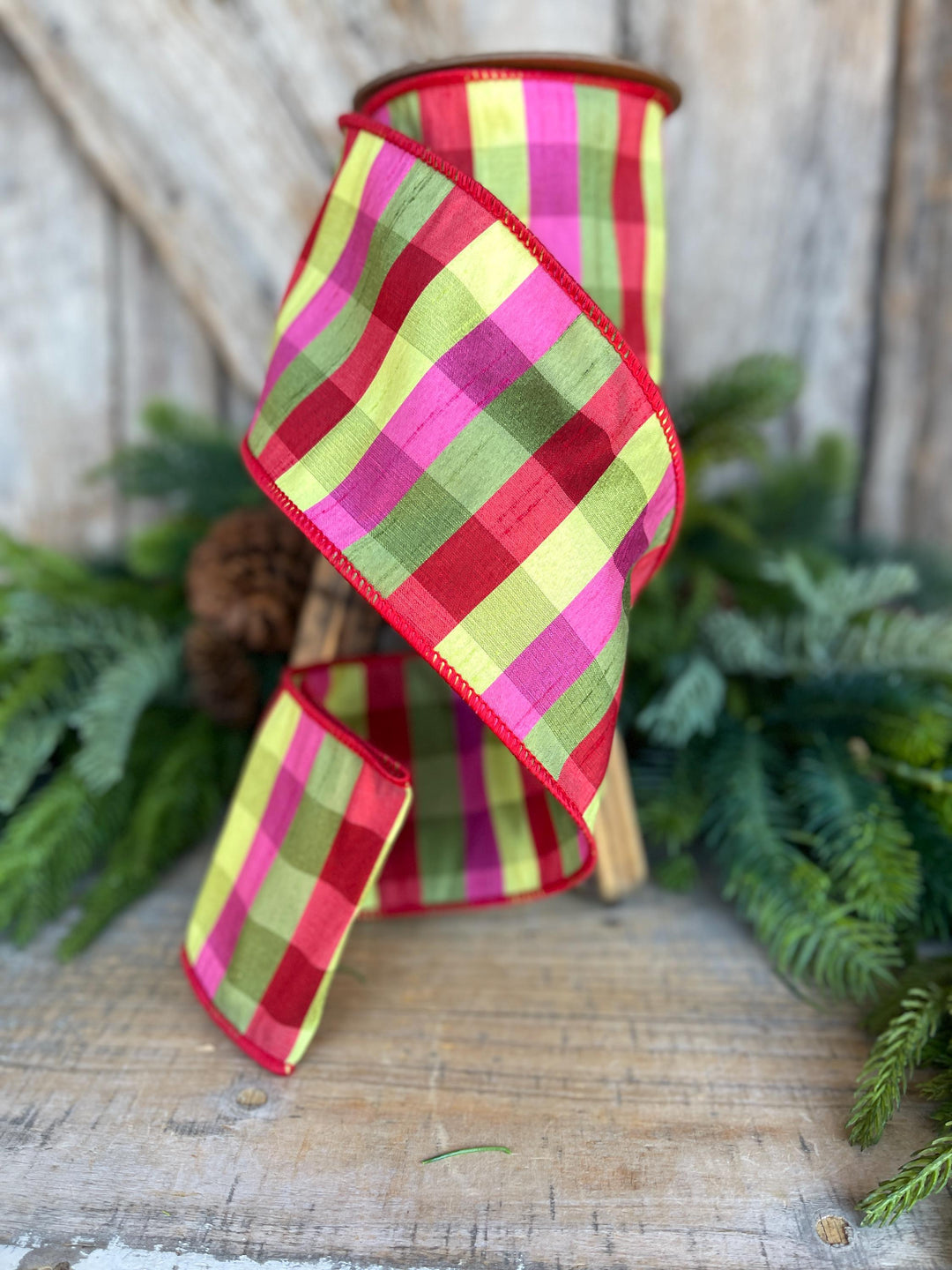 4" Fuchsia, Lime Red Plaid Wired Ribbon, Designer Christmas Ribbon for Wreaths, Trees &amp; Bows
