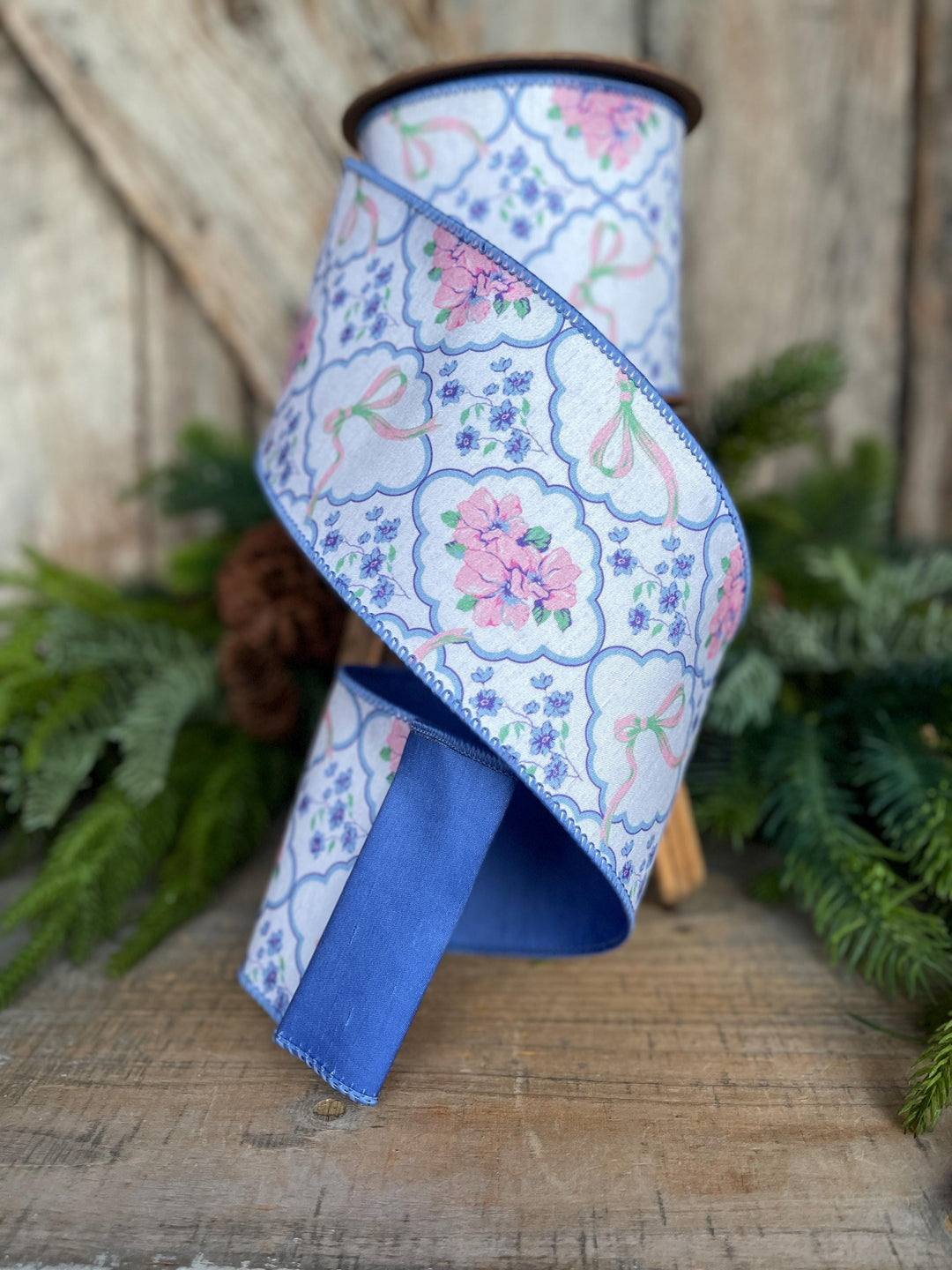 4" Blue Floral and Bows Ribbon