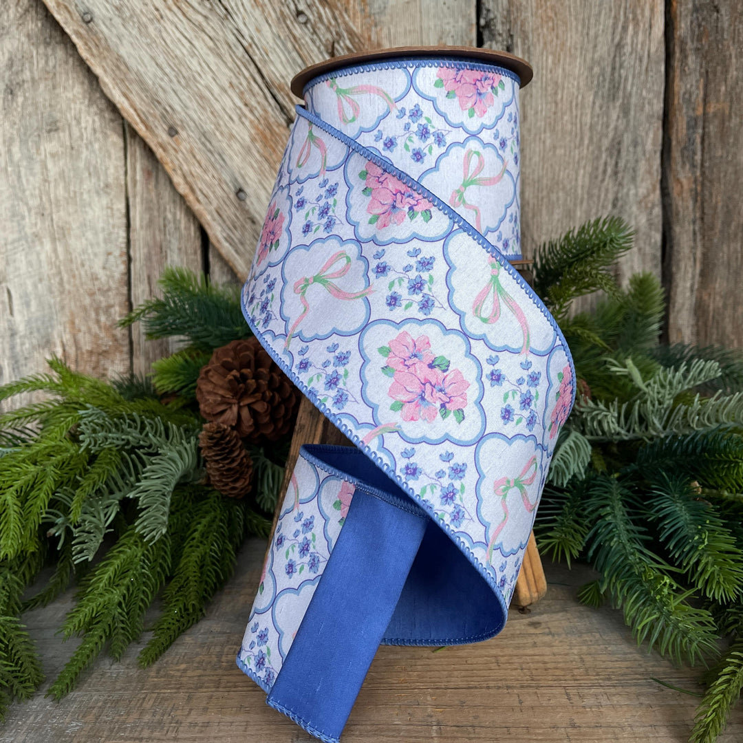 4" Blue Floral and Bows Ribbon