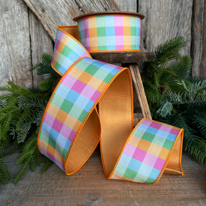 2.5" Bright Multi Check Plaid Wired Ribbon – Colorful Designer Spring Ribbon for Wreaths &amp; Bows