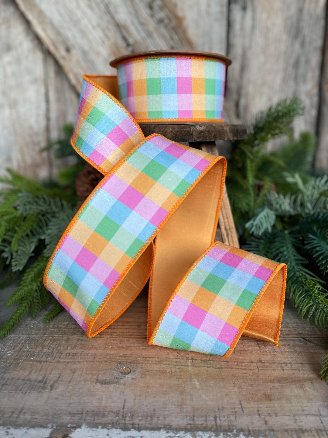 2.5" Bright Multi Check Plaid Wired Ribbon – Colorful Designer Spring Ribbon for Wreaths &amp; Bows