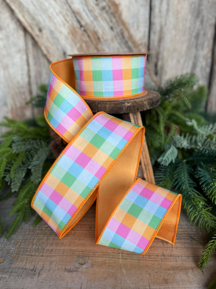 2.5" Bright Multi Check Plaid Wired Ribbon – Colorful Designer Spring Ribbon for Wreaths &amp; Bows