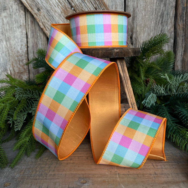 2.5" Bright Multi Check Plaid Wired Ribbon – Colorful Designer Spring Ribbon for Wreaths &amp; Bows