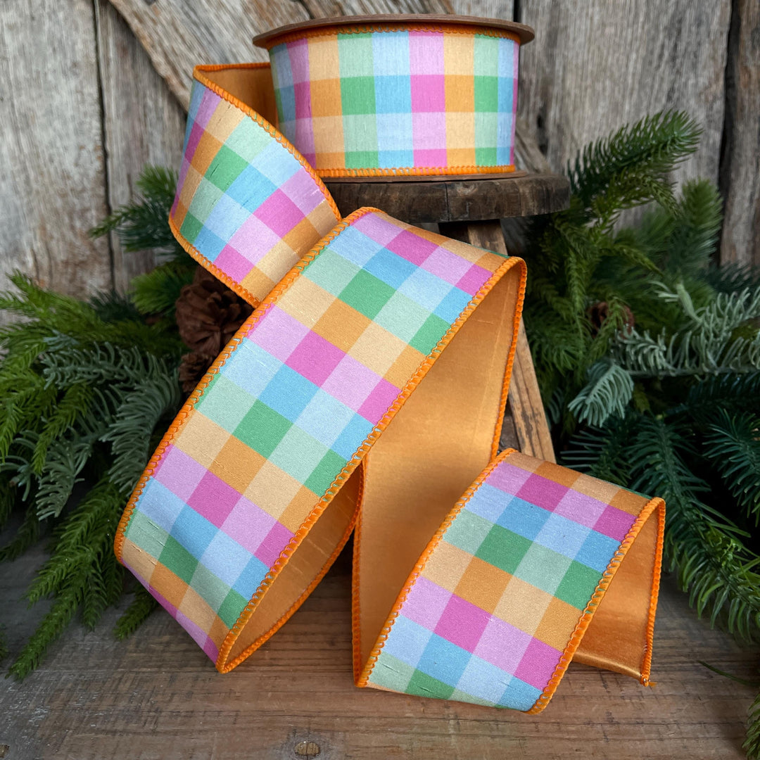 2.5" Bright Multi Check Plaid Wired Ribbon – Colorful Designer Spring Ribbon for Wreaths &amp; Bows