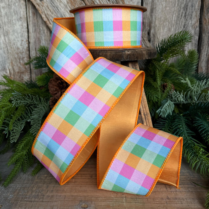 2.5" Bright Multi Check Plaid Wired Ribbon – Colorful Designer Spring Ribbon for Wreaths &amp; Bows