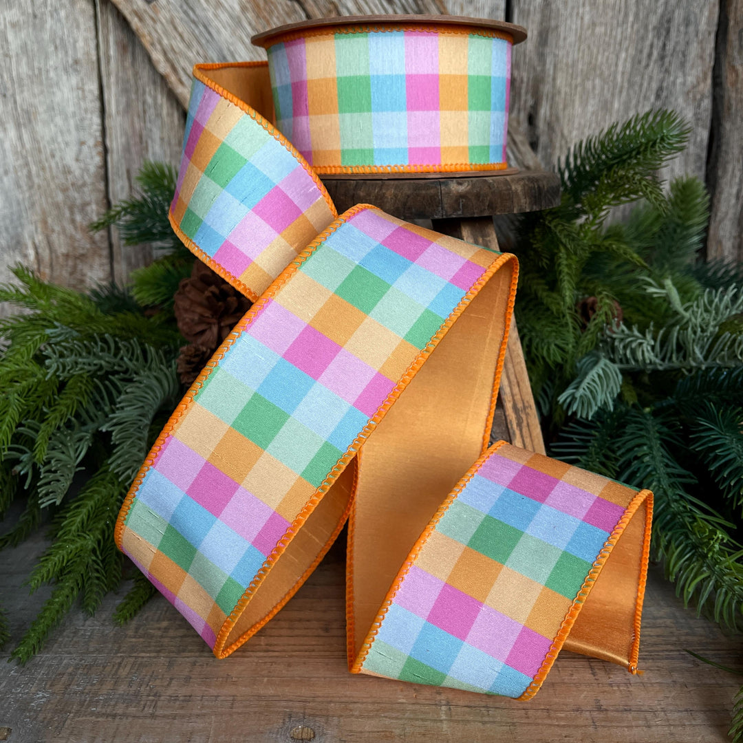 2.5" Bright Multi Check Plaid Wired Ribbon – Colorful Designer Spring Ribbon for Wreaths &amp; Bows