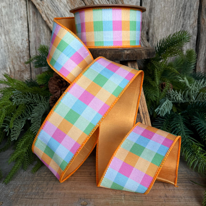 2.5" Bright Multi Check Plaid Wired Ribbon – Colorful Designer Spring Ribbon for Wreaths &amp; Bows