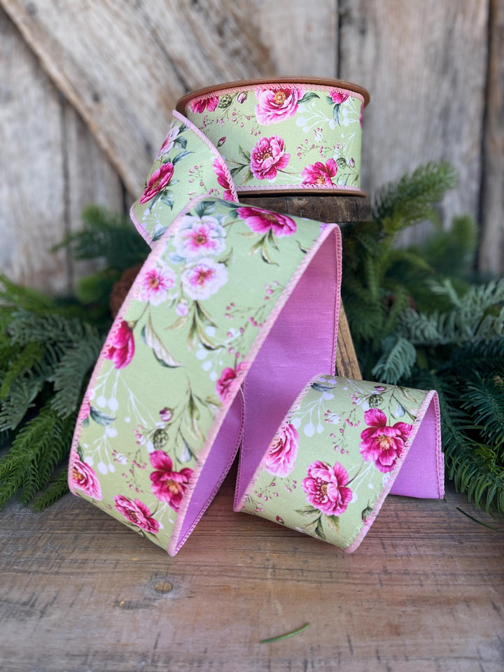 2.5" Green Pink Floral Ribbon, Spring Summer Ribbon