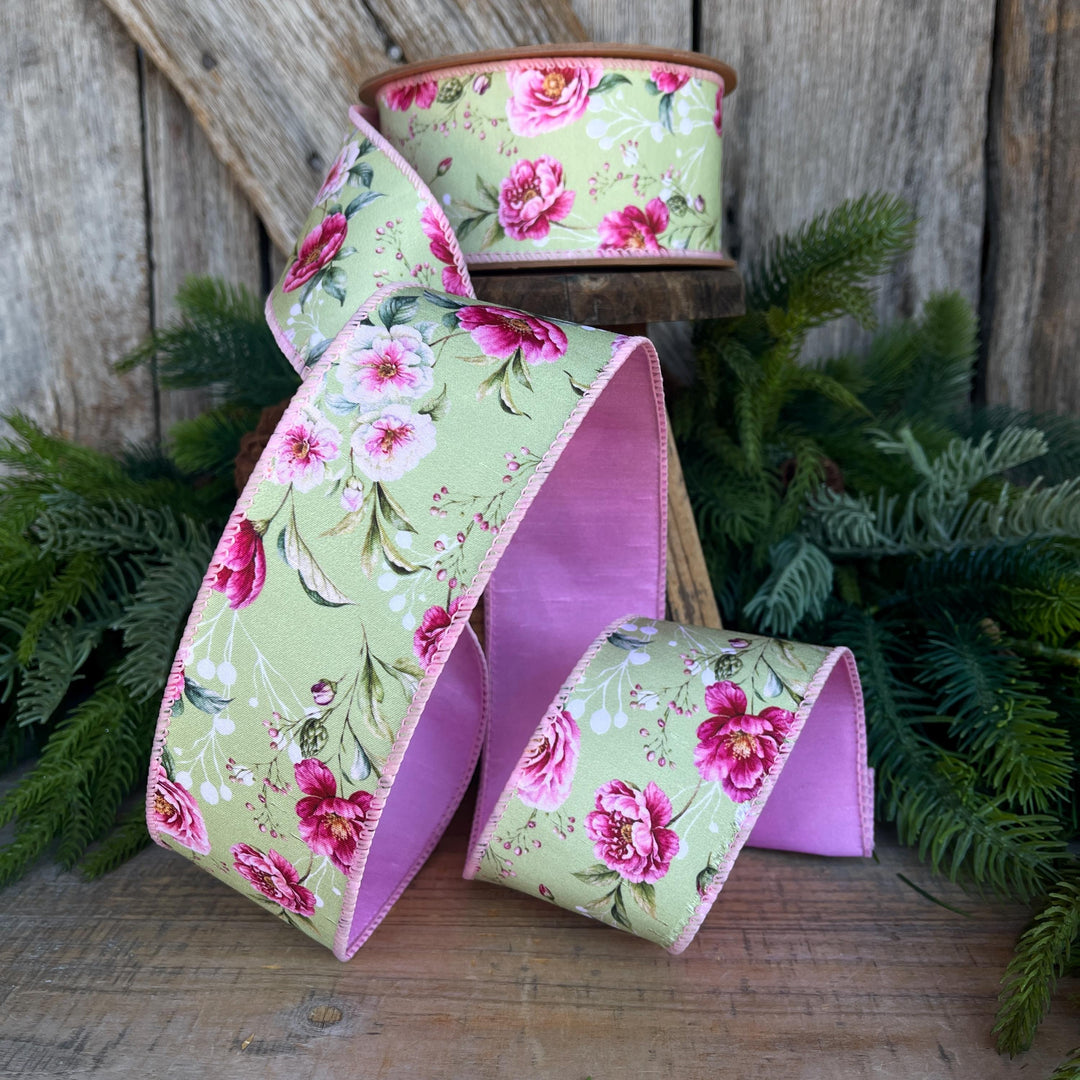 2.5" Green Pink Floral Ribbon, Spring Summer Ribbon