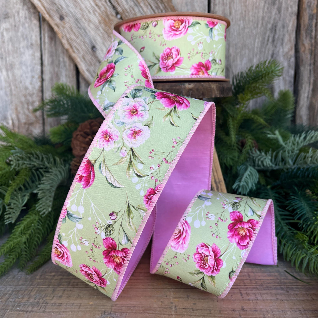 2.5" Green Pink Floral Ribbon, Spring Summer Ribbon