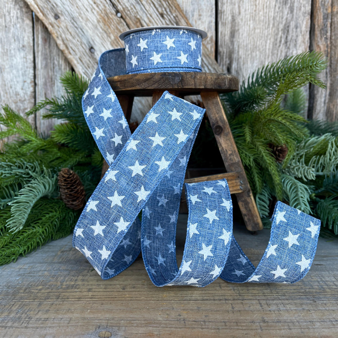 1.5" Patriotic Ribbon, Wired Ribbon, Star Ribbon, Denim Blue Ribbon, 4th of July Ribbon,