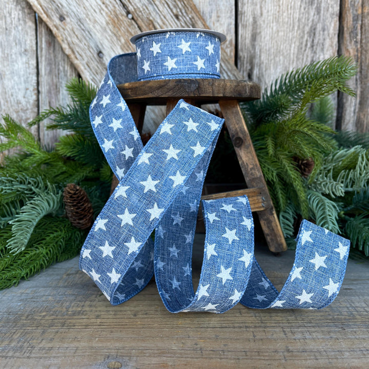 1.5" Patriotic Ribbon, Wired Ribbon, Star Ribbon, Denim Blue Ribbon, 4th of July Ribbon,