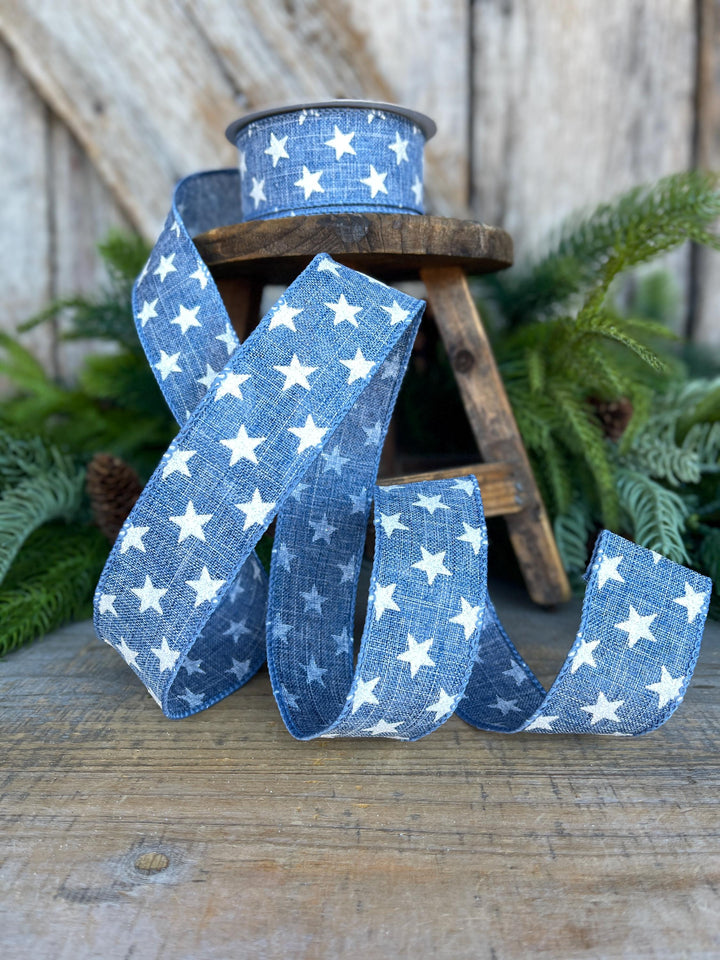 1.5" Patriotic Ribbon, Wired Ribbon, Star Ribbon, Denim Blue Ribbon, 4th of July Ribbon,