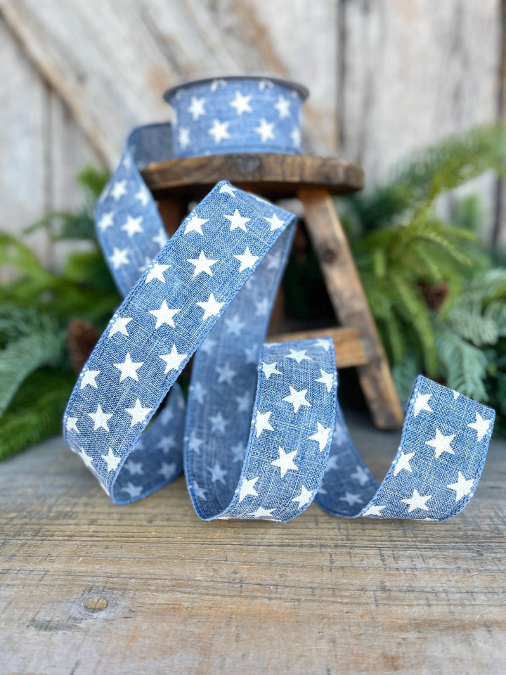 1.5" Patriotic Ribbon, Wired Ribbon, Star Ribbon, Denim Blue Ribbon, 4th of July Ribbon,