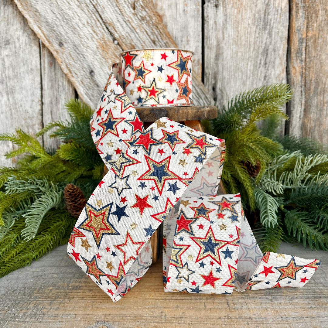 2.5" Patriotic Ribbon, Wired Ribbon, Stars Ribbon, Americana Ribbon, USA Ribbon, 4th of July RIbbon, Ribbon for bows, Wreath supply
