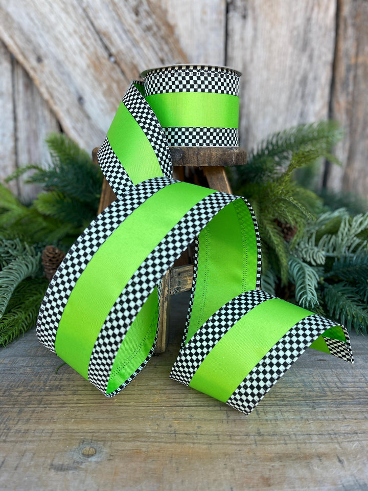 2.5" Ribbon, Lime Green with Black White Checkered Border, Halloween Ribbon
