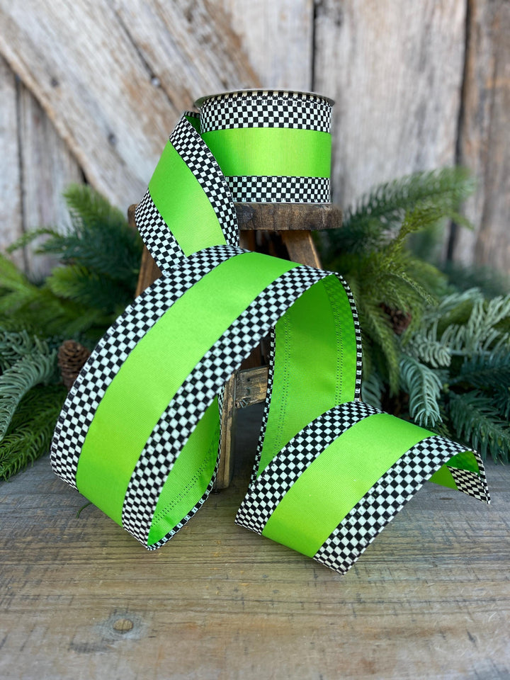 2.5" Ribbon, Lime Green with Black White Checkered Border, Halloween Ribbon