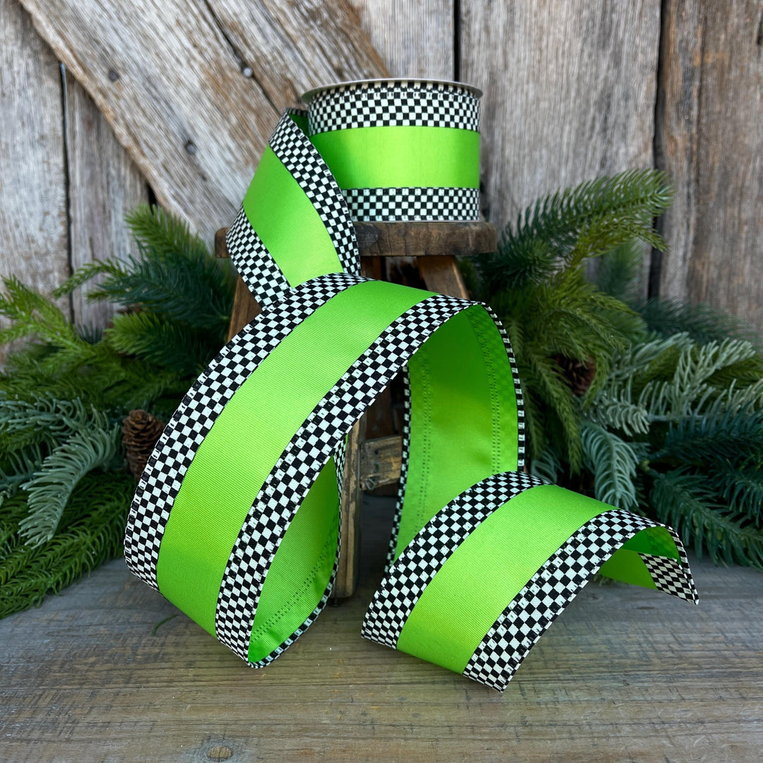 2.5" Ribbon, Lime Green with Black White Checkered Border