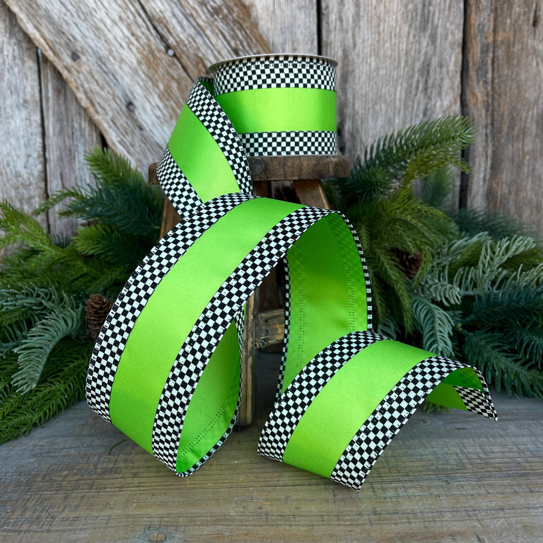 2.5" Ribbon, Lime Green with Black White Checkered Border, Halloween Ribbon