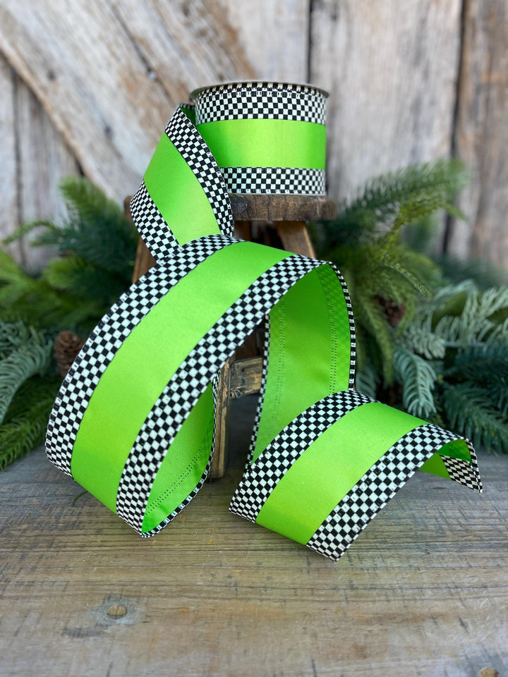 2.5" Ribbon, Lime Green with Black White Checkered Border, Halloween Ribbon