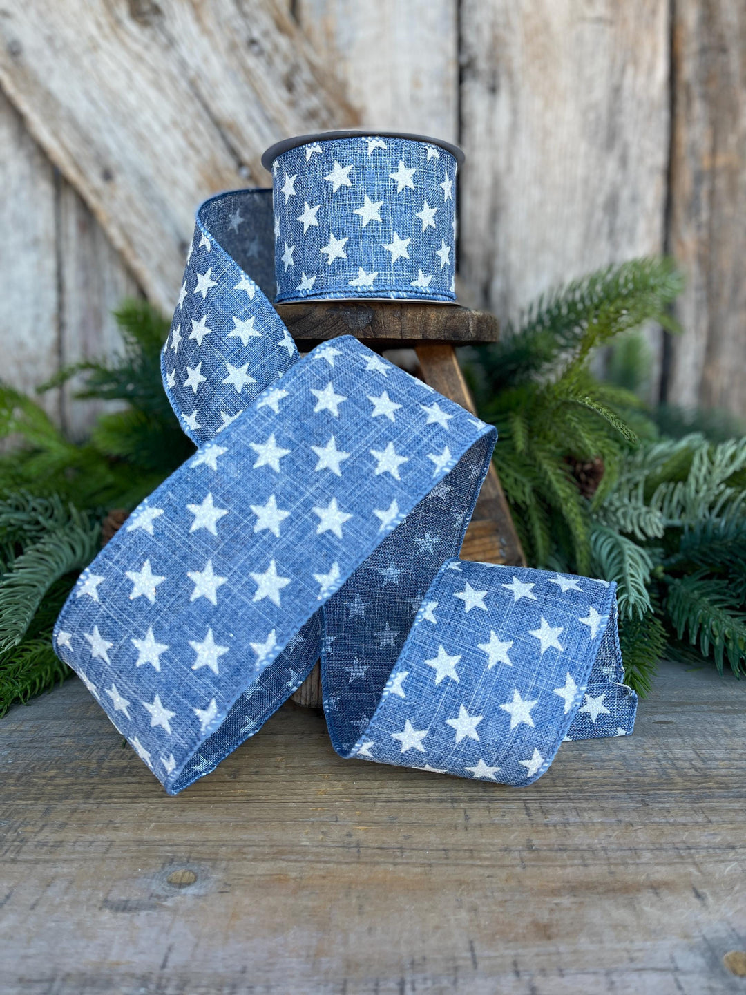 2.5" Patriotic Ribbon, Wired Ribbon, Star Ribbon, Denim Blue Ribbon, 4th of July Ribbon,