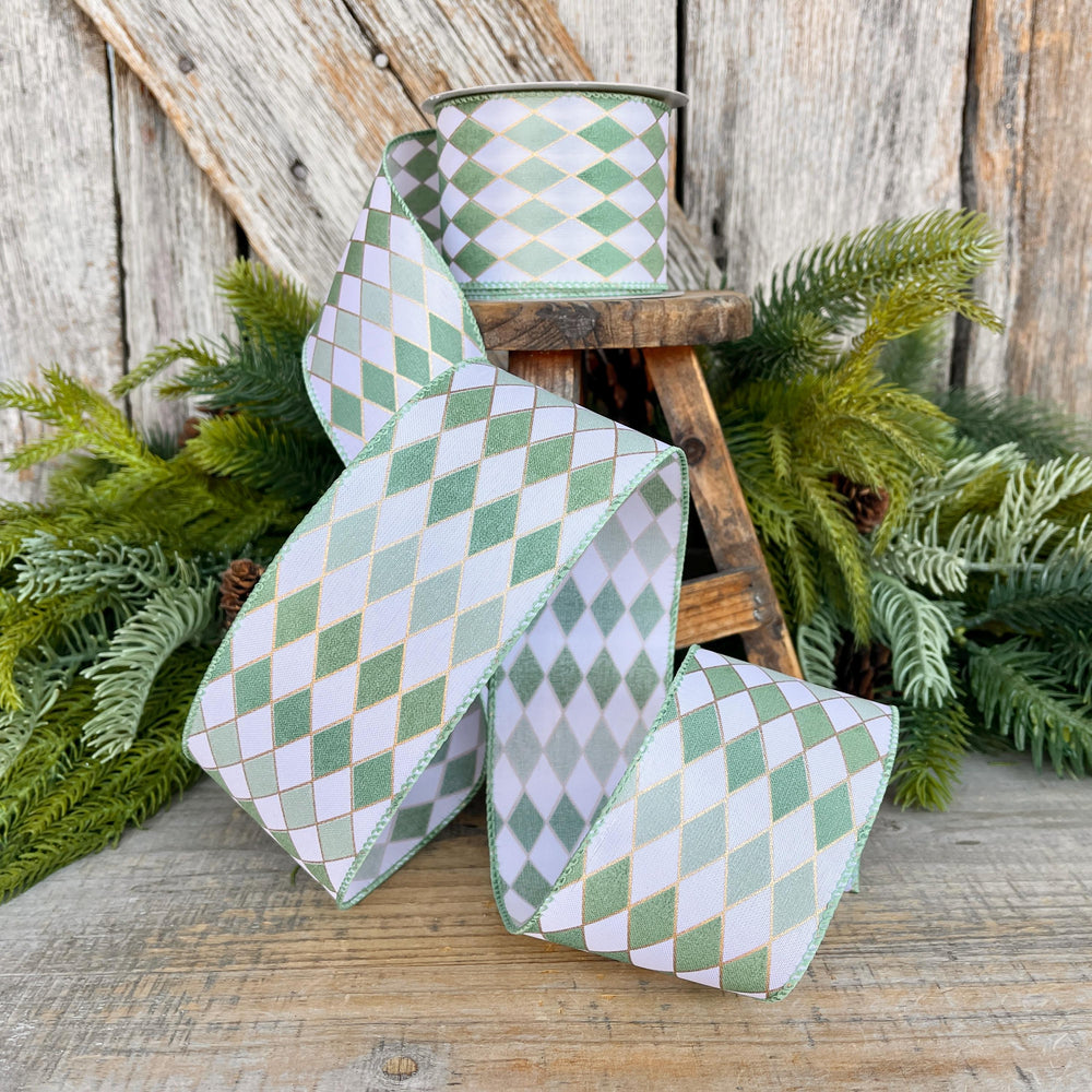 2.5" Sage Green Harlequin Ribbon, Spring Summer Ribbon
