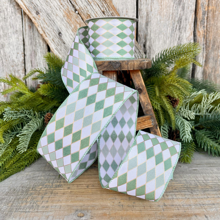2.5" Sage Green Harlequin Ribbon, Spring Summer Ribbon