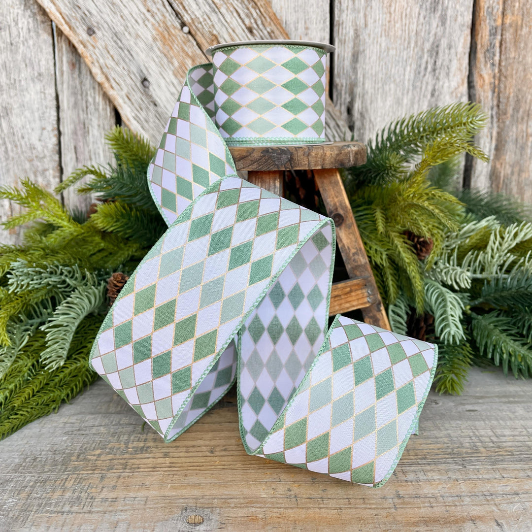 2.5" Sage Green Harlequin Ribbon, Spring Summer Ribbon