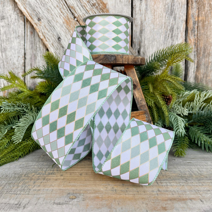2.5" Sage Green Harlequin Ribbon, Spring Summer Ribbon