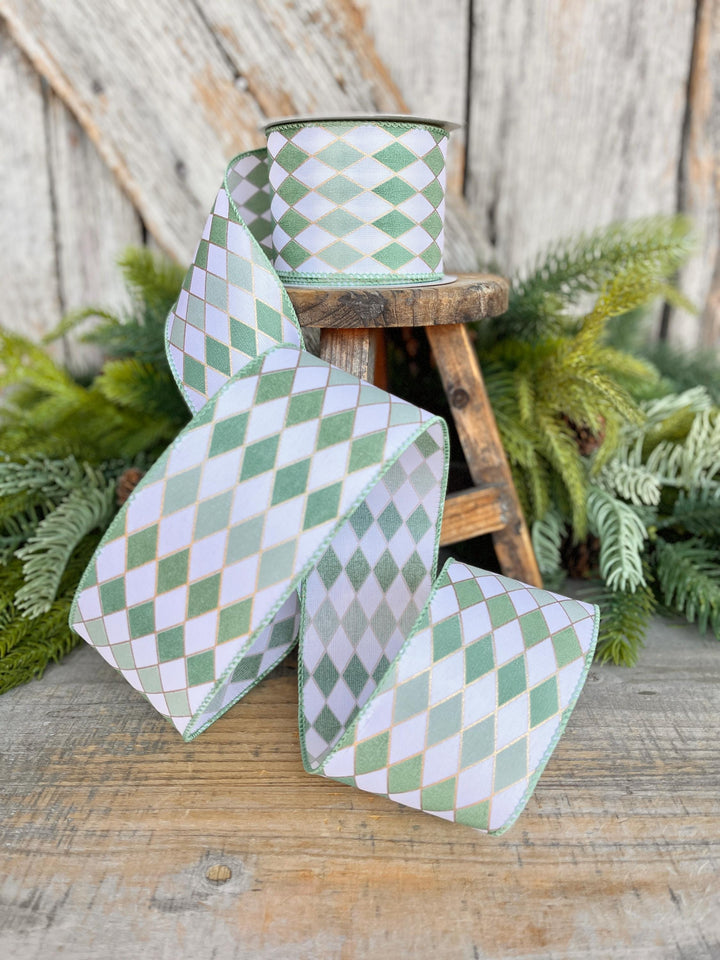 2.5" Sage Green Harlequin Ribbon, Spring Summer Ribbon