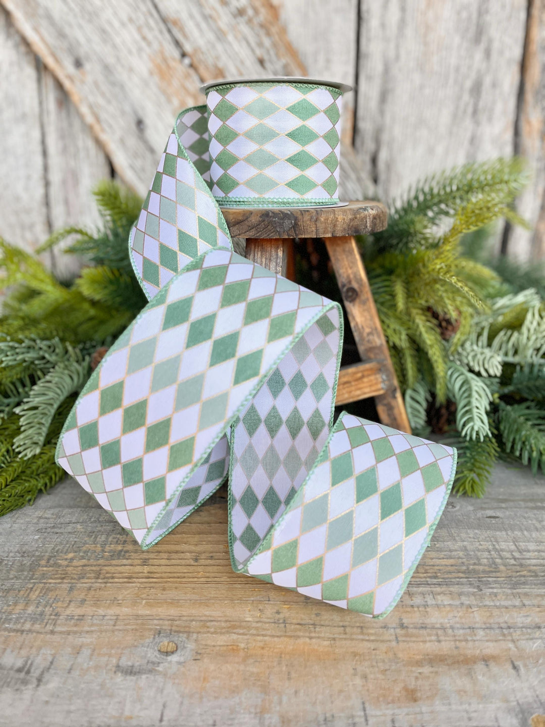 2.5" Sage Green Harlequin Ribbon, Spring Summer Ribbon