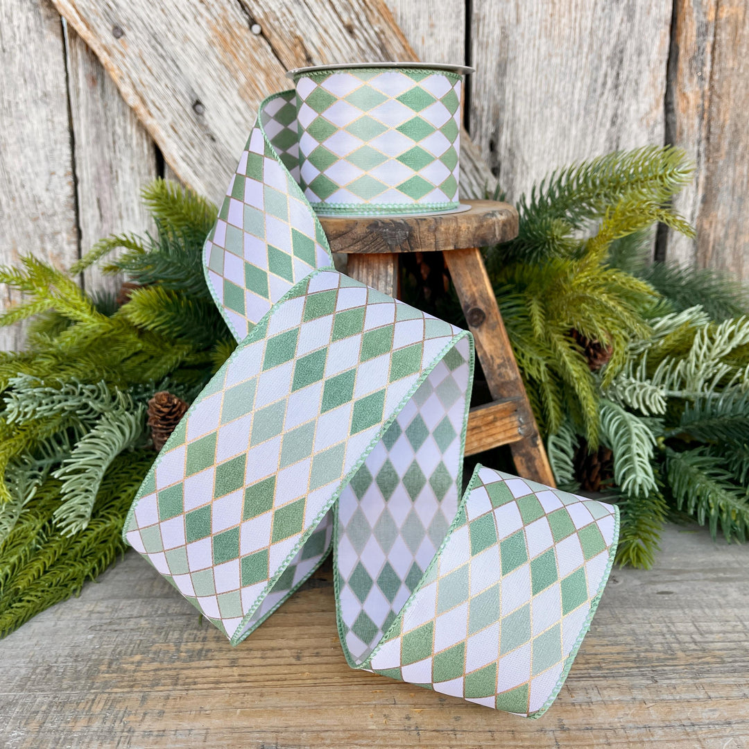 2.5" Sage Green Harlequin Ribbon, Spring Summer Ribbon