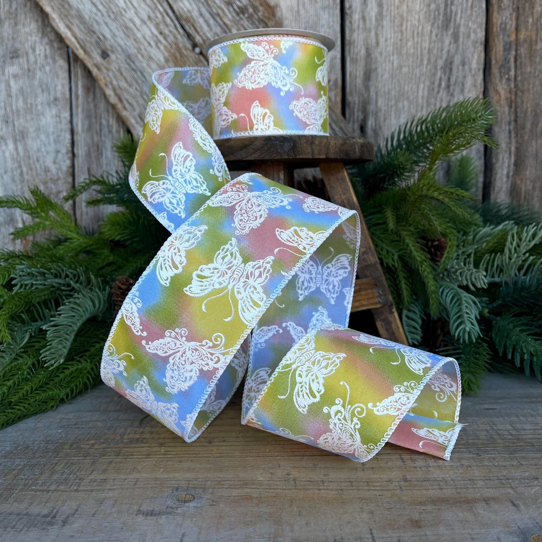 2.5" Pastel Butterfly Wired Ribbon, 10 Yards