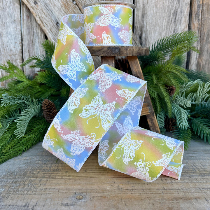 2.5" Pastel Butterfly Wired Ribbon, 10 Yards