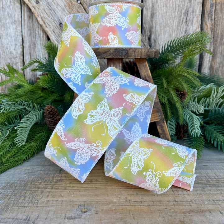 2.5" Pastel Butterfly Wired Ribbon, 10 Yards