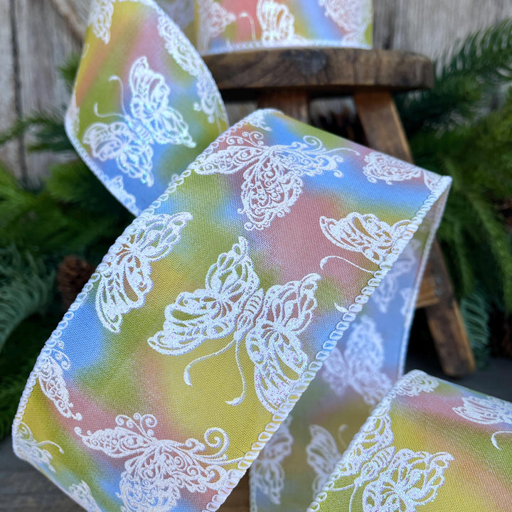 2.5" Pastel Butterfly Wired Ribbon, 10 Yards