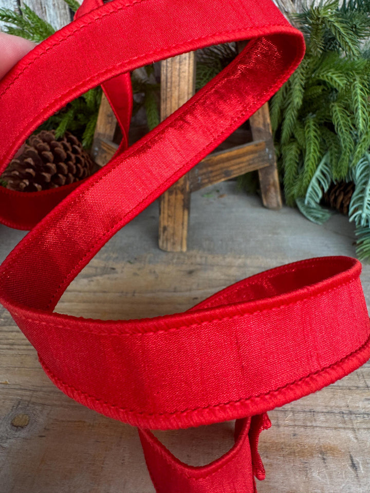 1” Red Dupioni Ribbon, ribbon, wired ribbon, Christmas Ribbon, Patriotic Ribbon, Red ribbon, Red Dupion Ribbon, Gift Wrap Ribbon