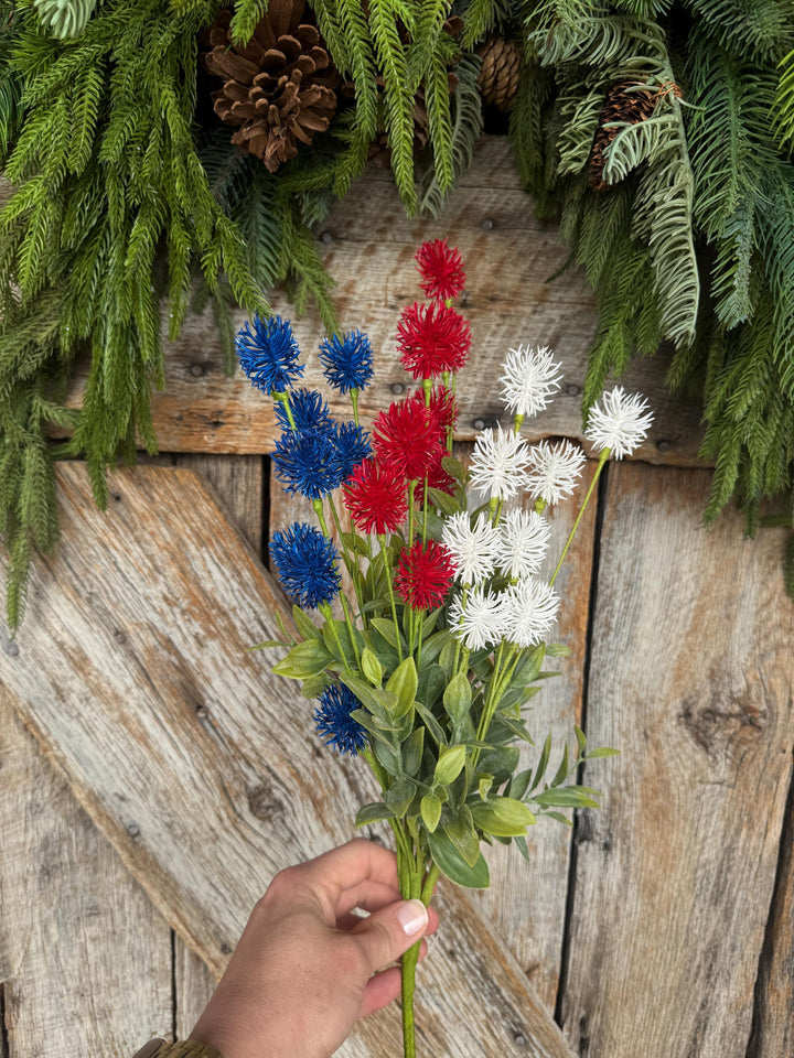 19" Patriotic Floral Bush, Red White Blue Pom Pom Bush