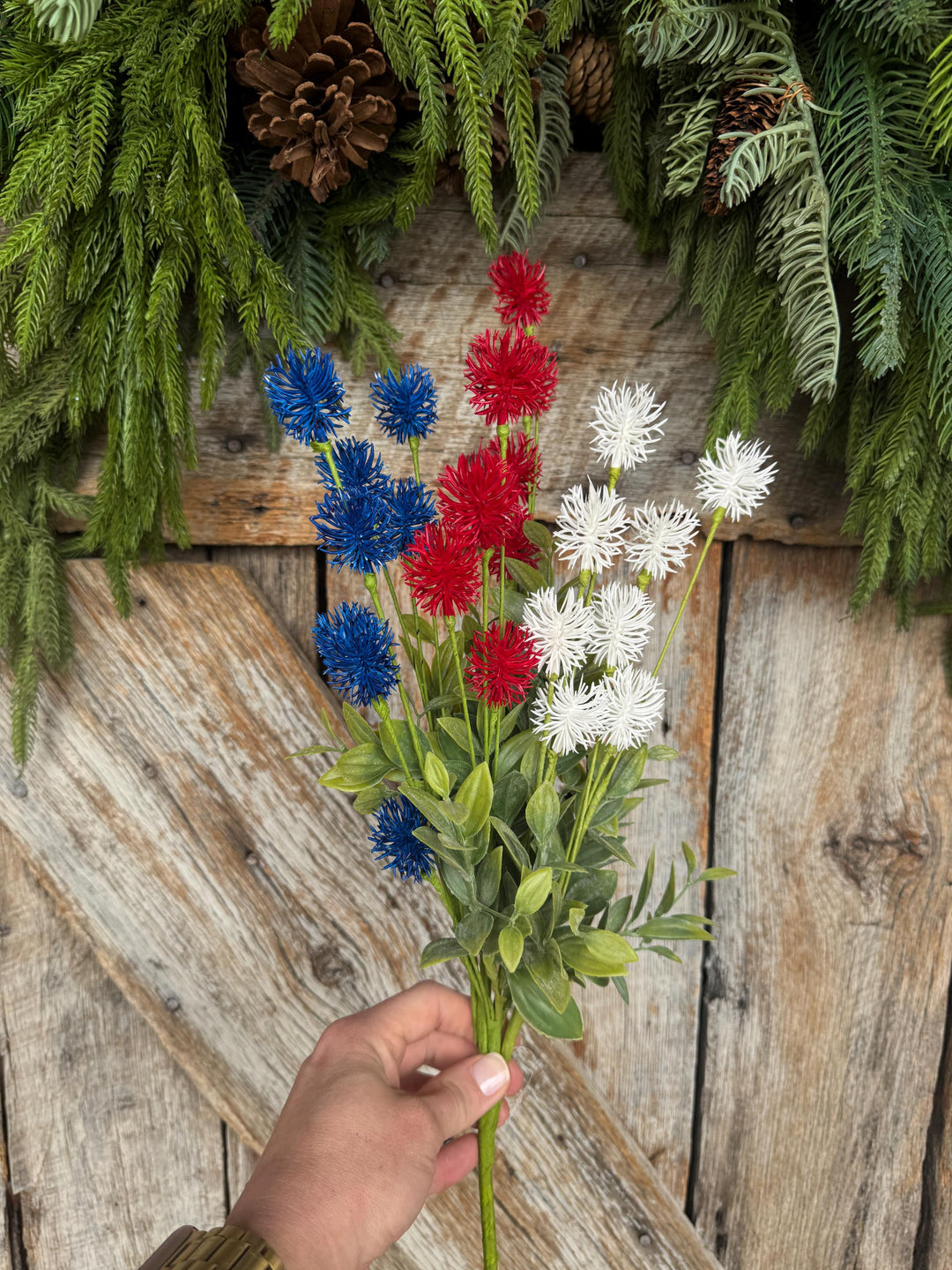 19" Patriotic Floral Bush, Red White Blue Pom Pom Bush