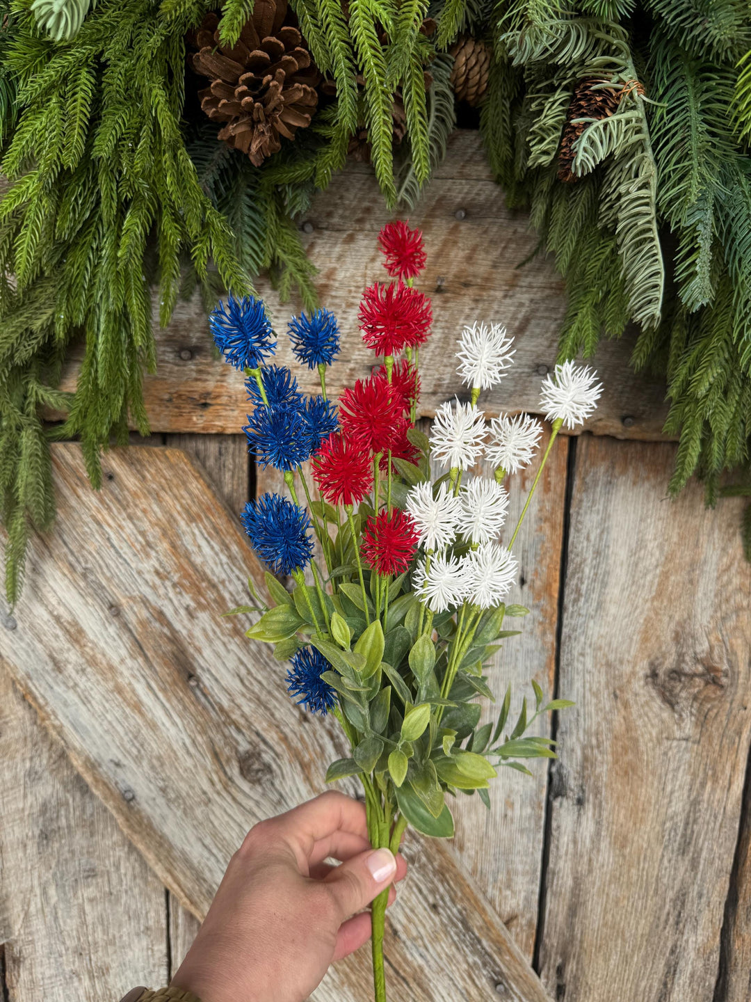 19" Patriotic Floral Bush, Red White Blue Pom Pom Bush
