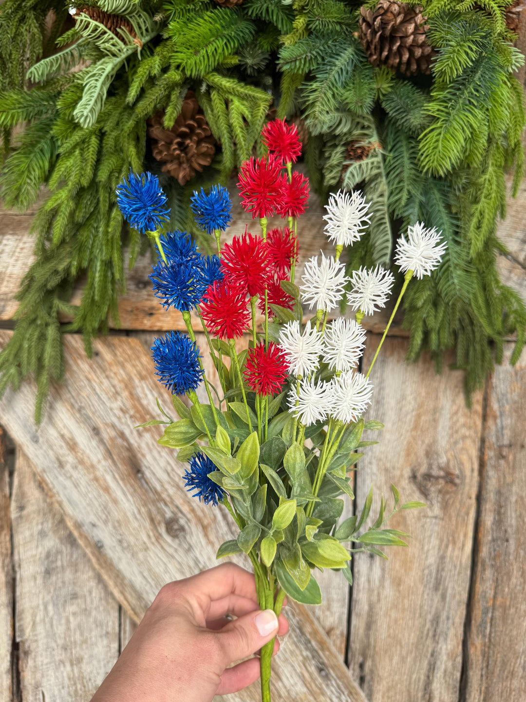 19" Patriotic Floral Bush, Red White Blue Pom Pom Bush