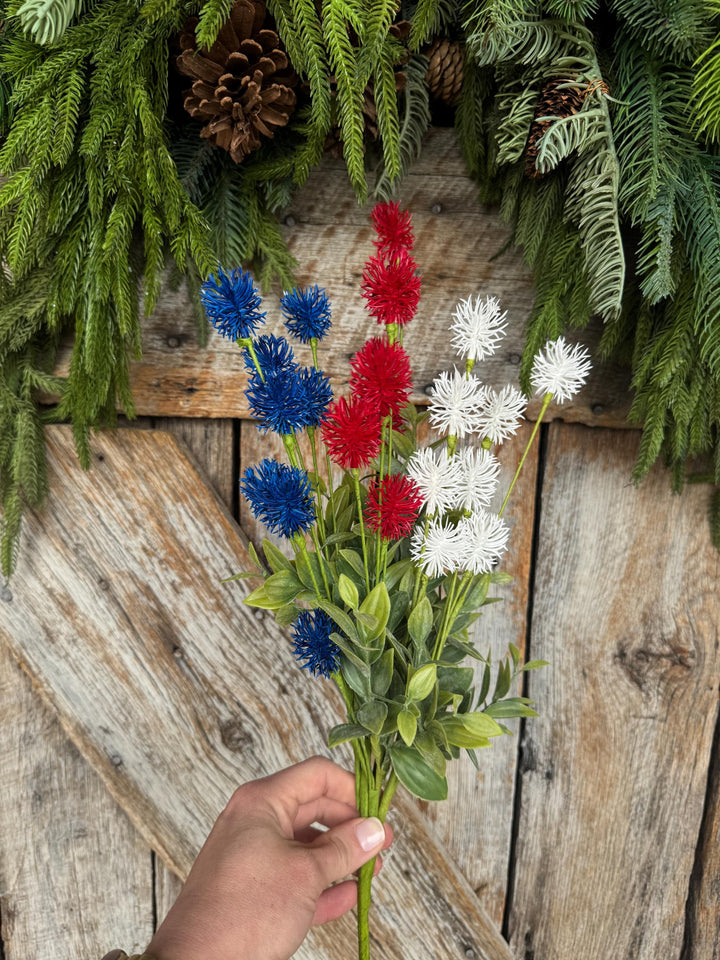 19" Patriotic Floral Bush, Red White Blue Pom Pom Bush