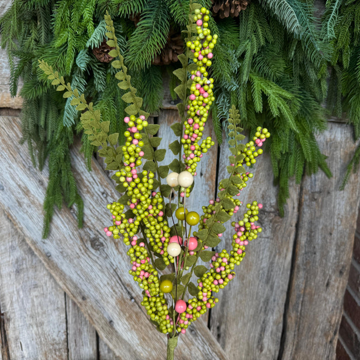 24" Green Pink Berry Spray, Spring Summer Berry Spray, Floral Spray